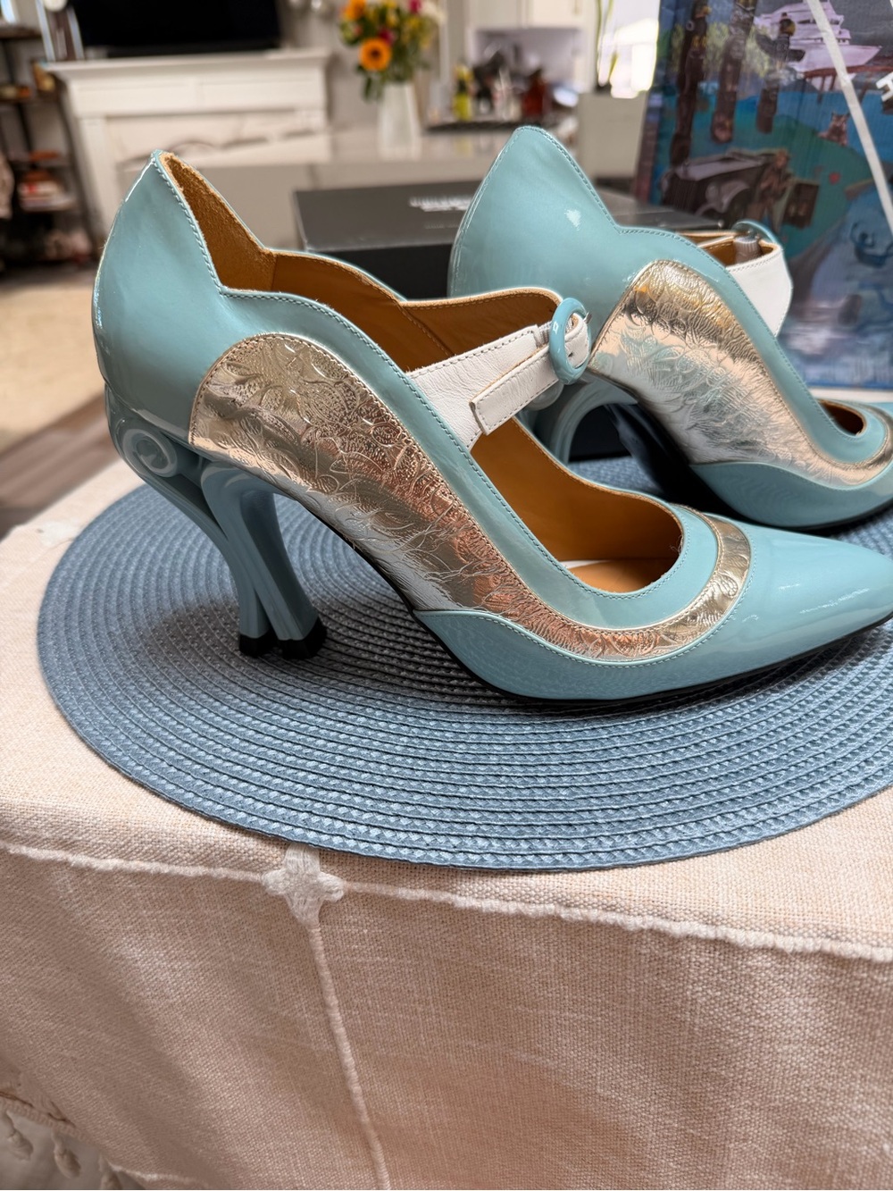 John Fluevog Sky Blue and White Pointed Mary Jane Pump with Metallic Trim - Picture 6 of 8